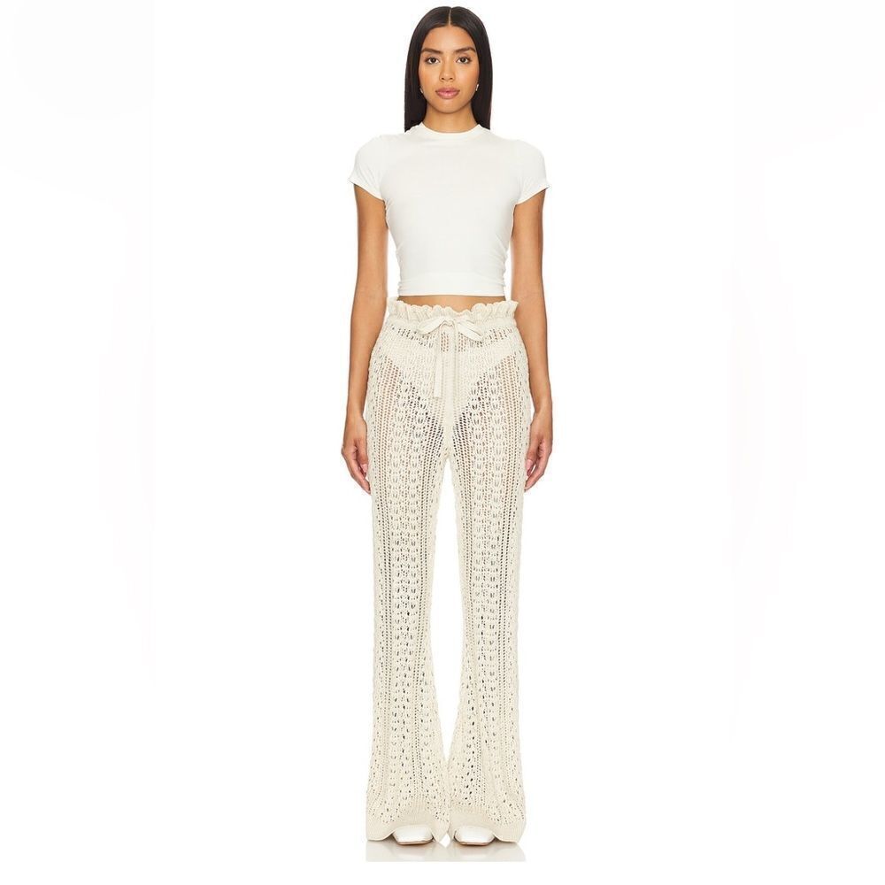 Tularosa Raimonda pants beige crochet knit wide leg bell bottoms flares NWT Sz S - Picture 3 of 13